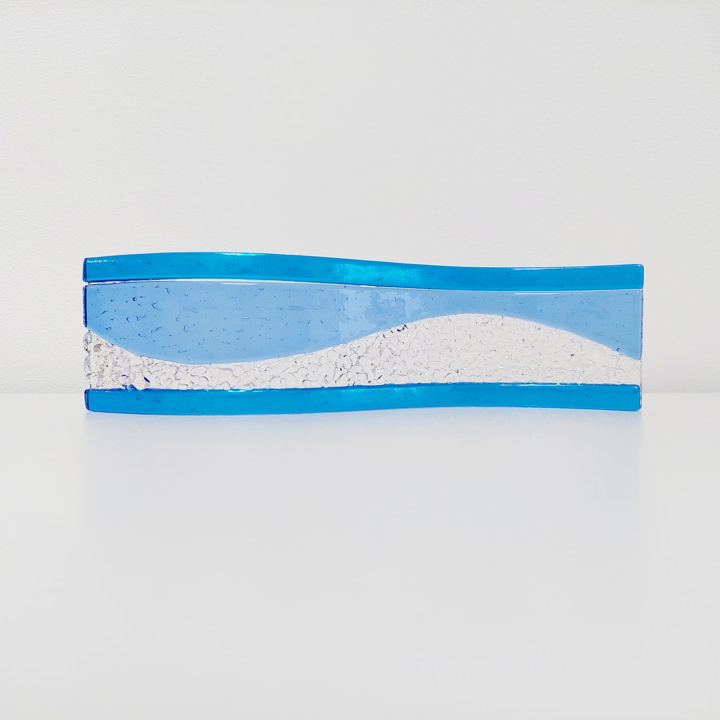 Sky Blue Glass Art Wave with Iridescent Royal Blue Accents