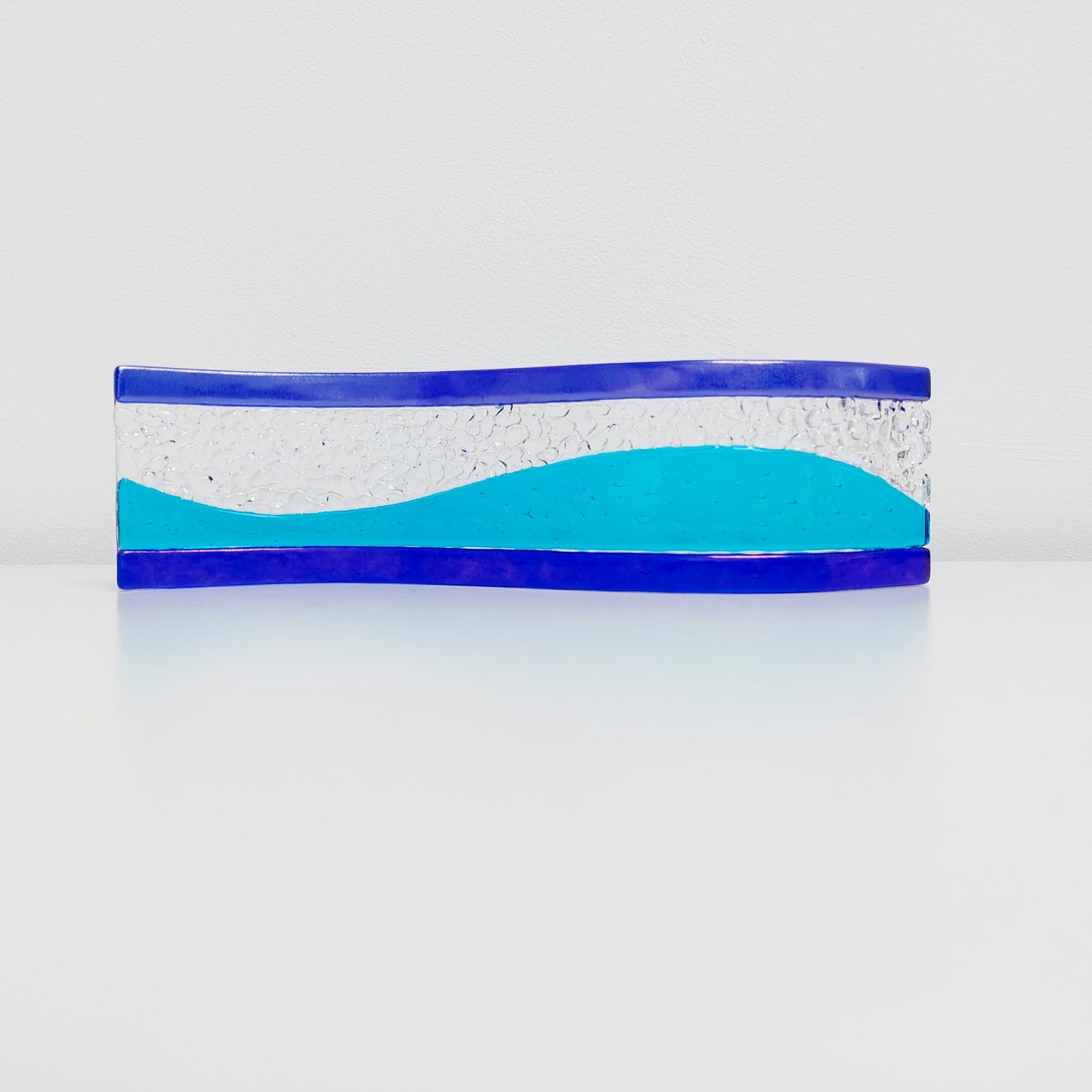 Turquoise and Iridescent Blue Glass Art Ornament |Freestanding Wave | S Curve