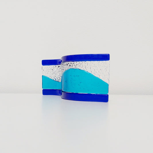 Turquoise and Cobalt Glass Wave, Small Handcrafted Fused Glass Art Ornament