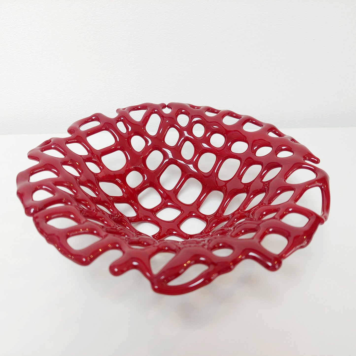 Dark Red Glass Coral Bowl, Organic Kiln Formed Sculptural Basket
