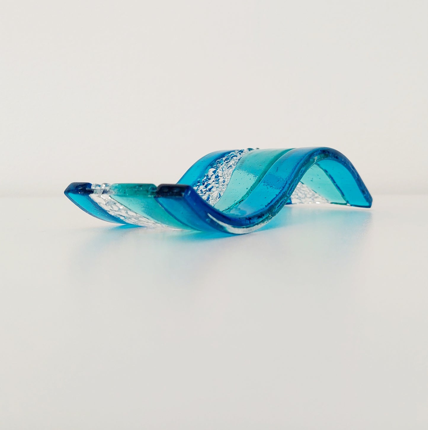 Derwent Water Glass Art Ornament, Small Aqua & Turquoise Fused Glass Wave
