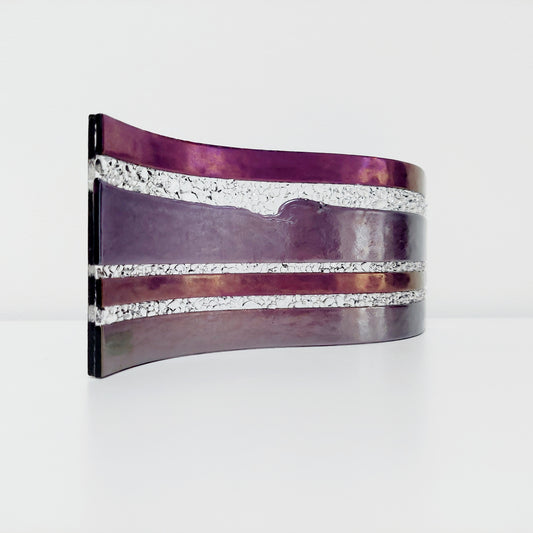 Iridescent Amethyst Glass Sculpture, Handmade Purple Fused Glass Wave