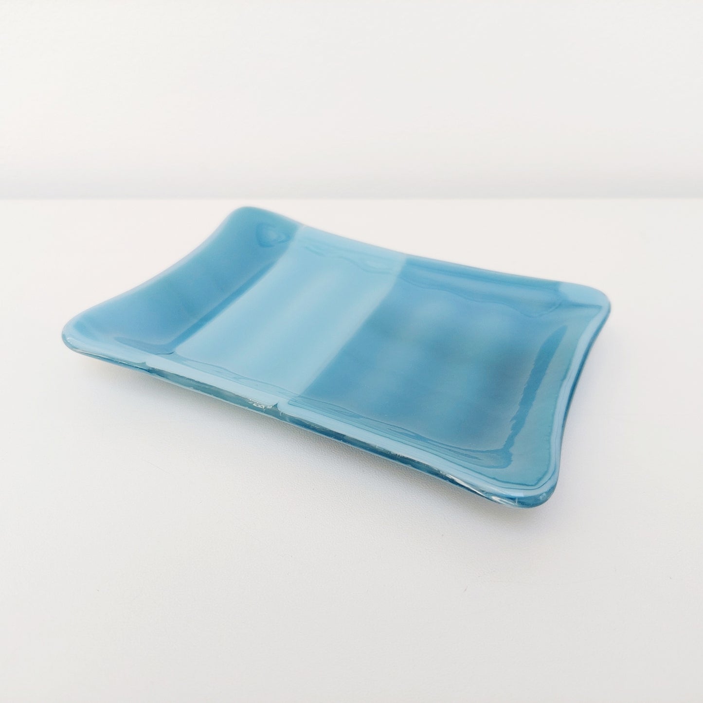 Derwent Water Glass Soap Dish with Ridges, Handmade Marine Blue Soap Tray