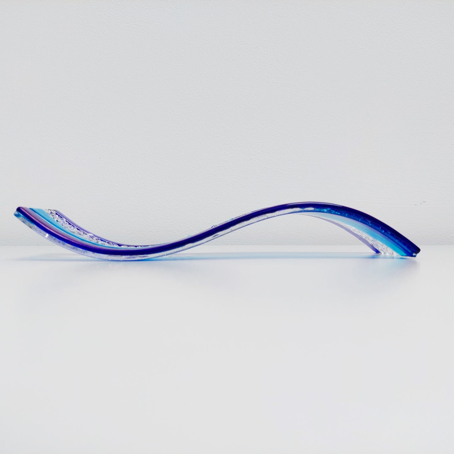 Turquoise and Iridescent Blue Glass Art Ornament |Freestanding Wave | S Curve