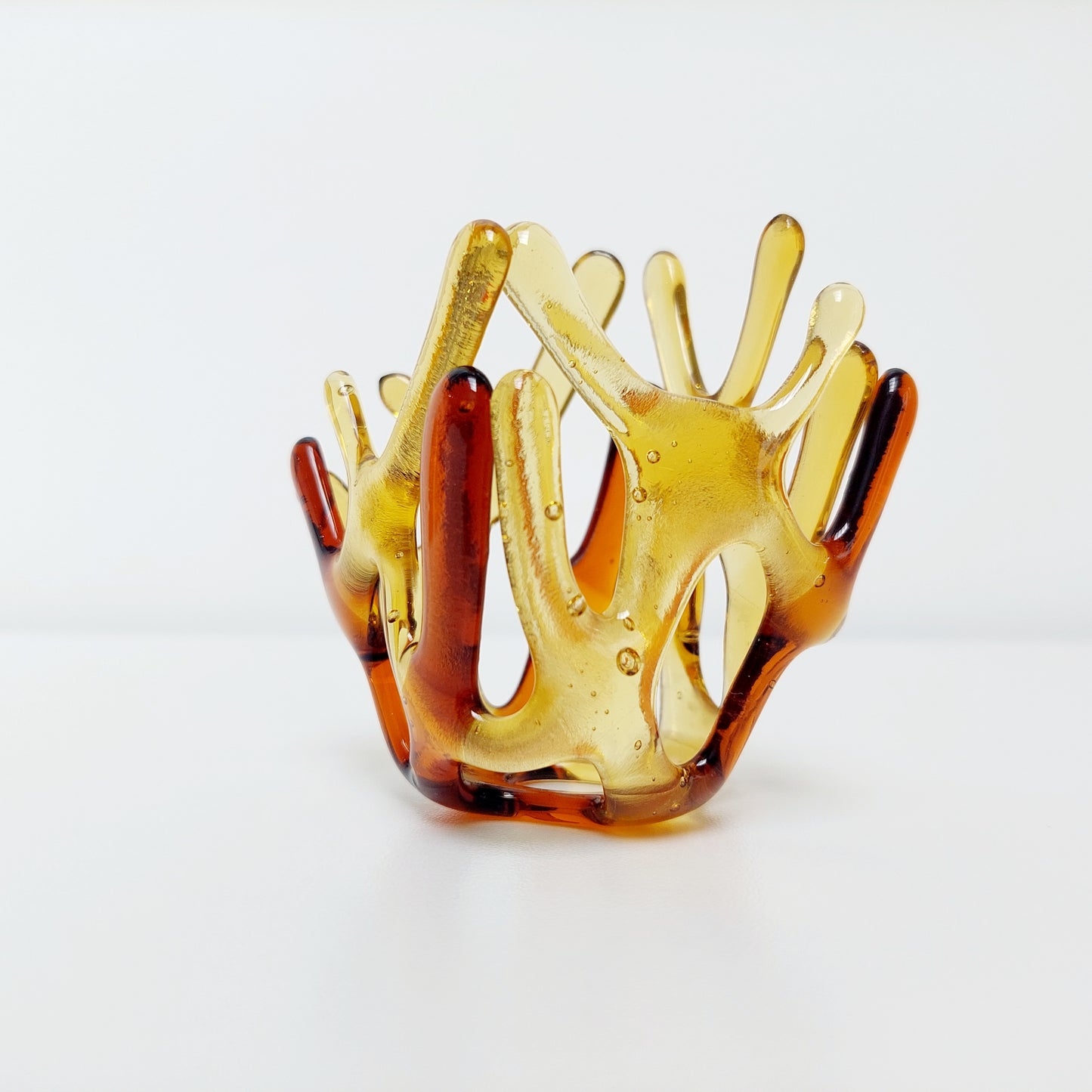 Amber Glass Tealight Holder, Small Glass Art Sculpture, Amber Décor