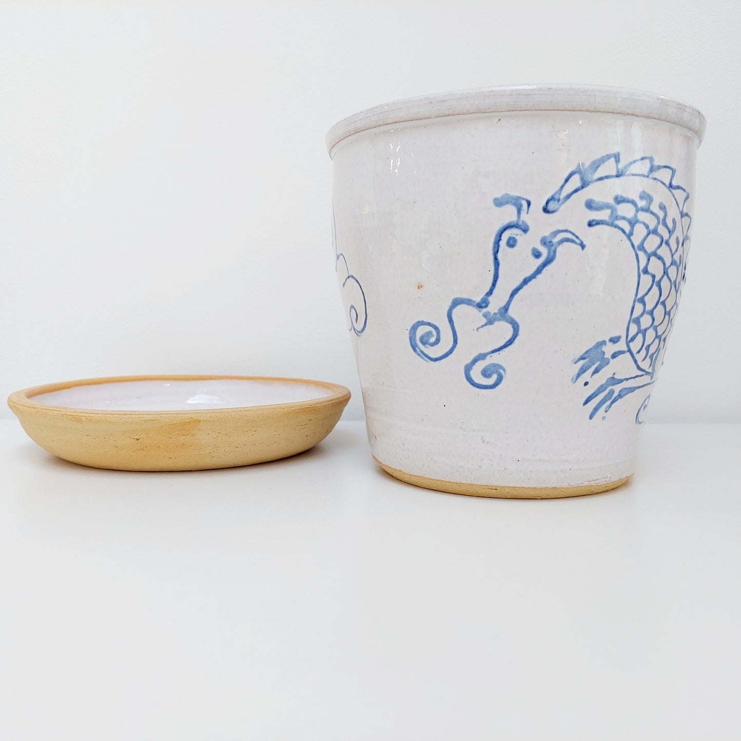 Handcrafted Blue & White Plant Pot with a Dragon Motif