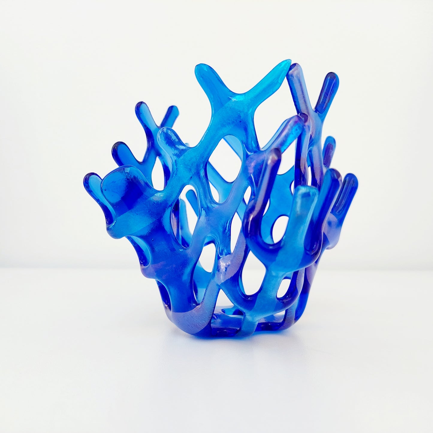Handcrafted Iridescent Blue Glass Basket, Asymmetrical Coral Vase, Art Sculpture