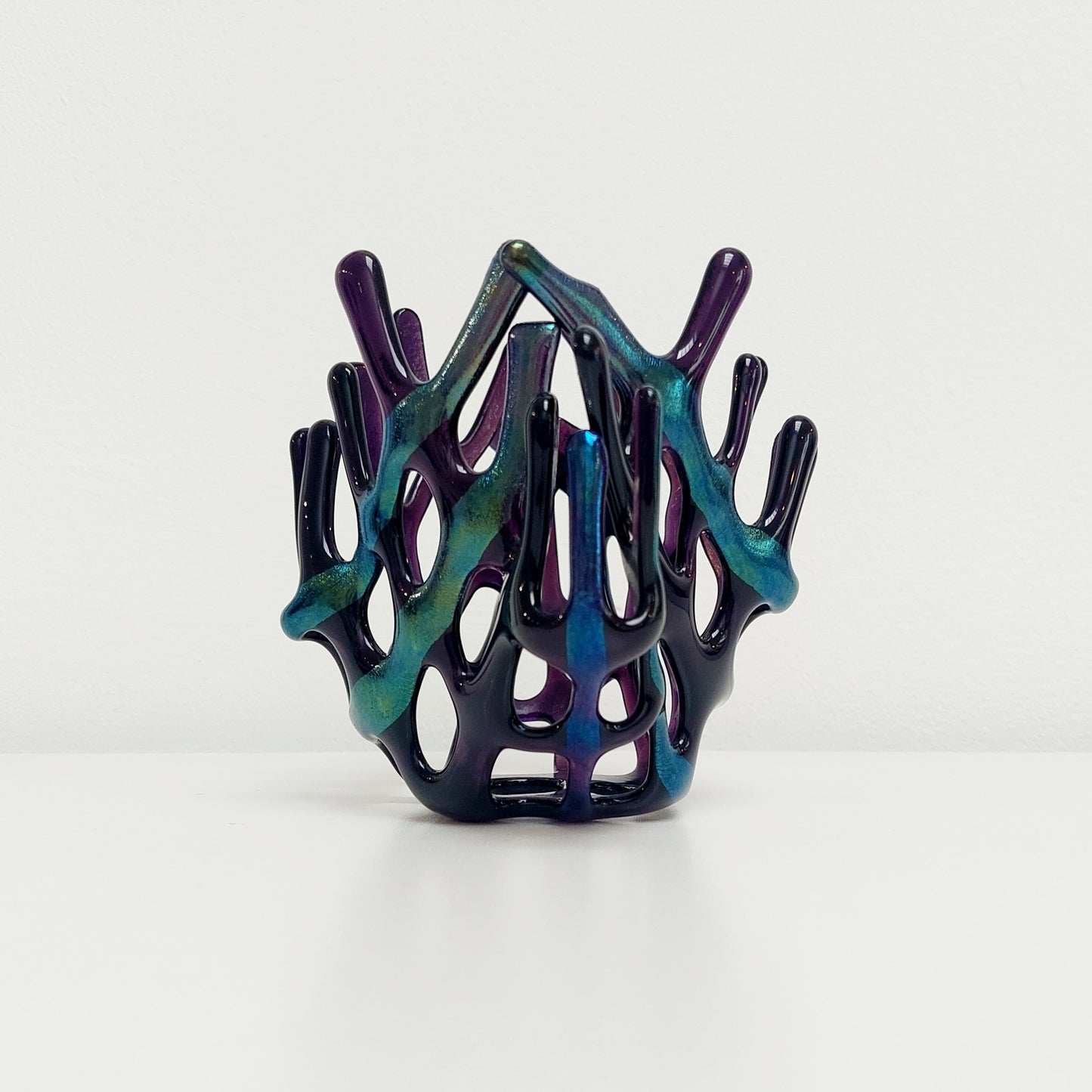 Handcrafted Iridescent Amethyst Glass Basket, Asymmetrical Coral Vase, Art Sculpture