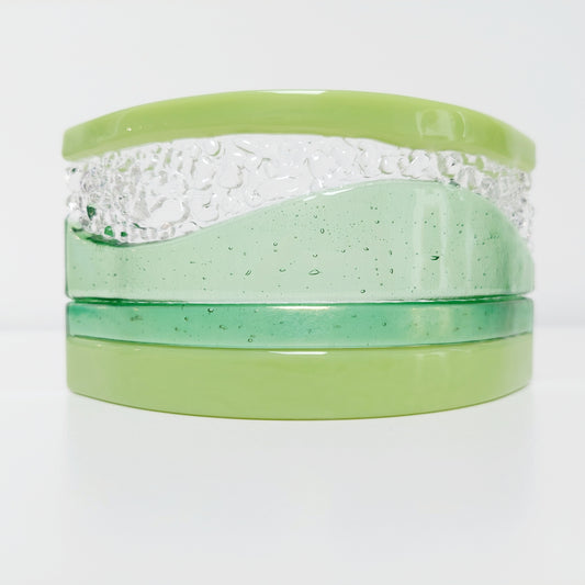 Light Green Glass Art Curve, Handmade Textured Glass Mantlepiece Ornament, Natural Green Living Room Décor, Small Glass Arc Candle Screen
