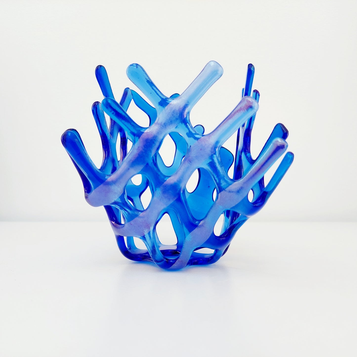 Handcrafted Iridescent Blue Glass Basket, Asymmetrical Coral Vase, Art Sculpture