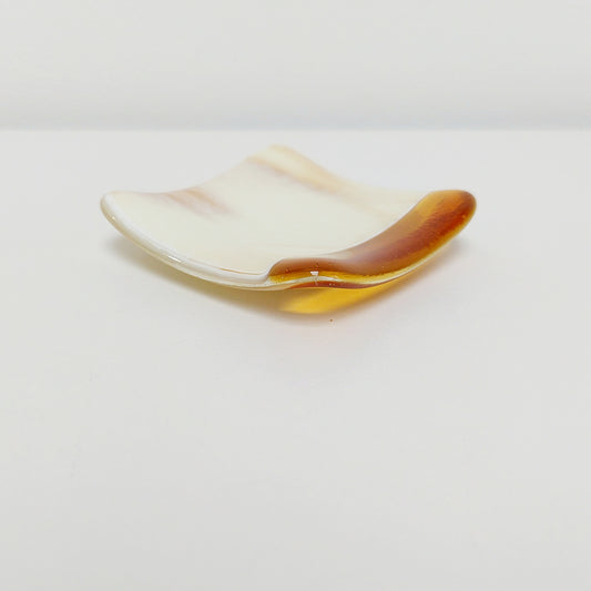 Amber and Cream Glass Ring Dish, Small Handmade Fused Glass Trinket Dish