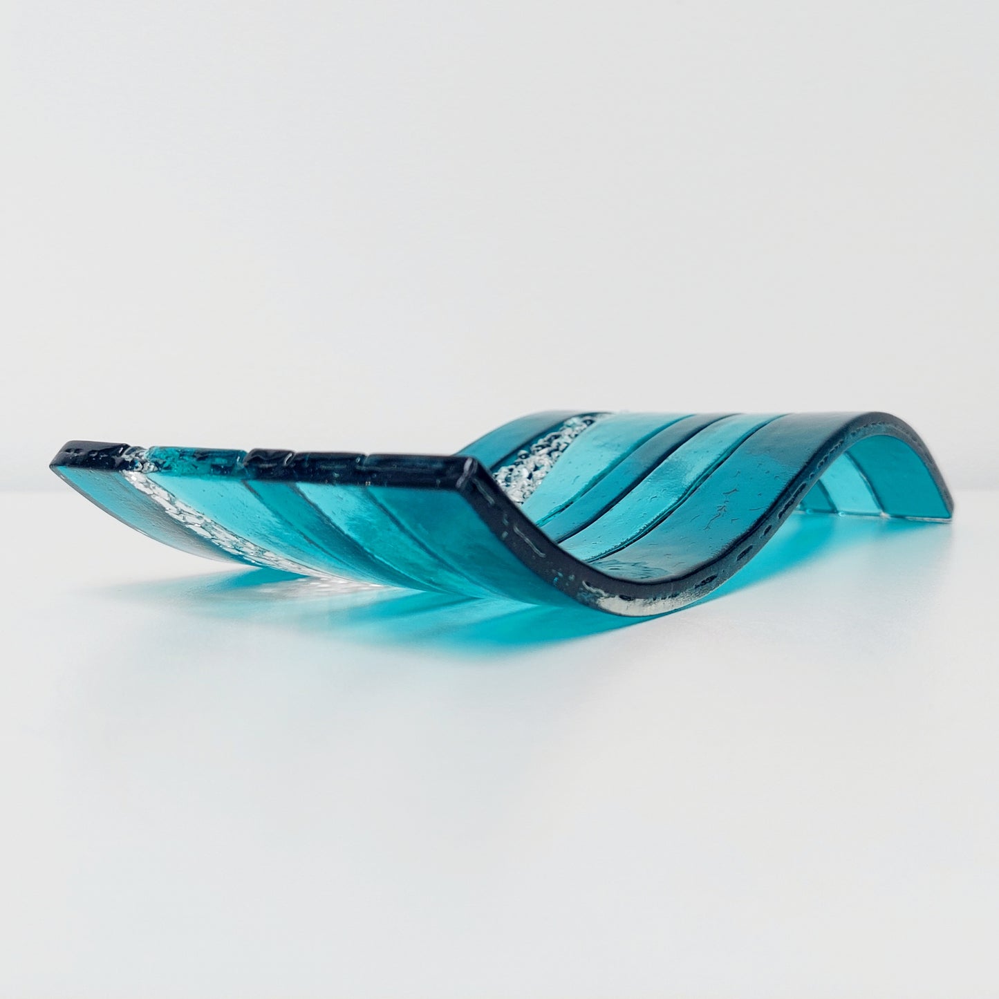 Aqua and Teal Glass Wave, Artisanal Fused Glass Ornament, Freestanding Textured Glass Art Panel, Teal Living Room Décor, Lake District Glass