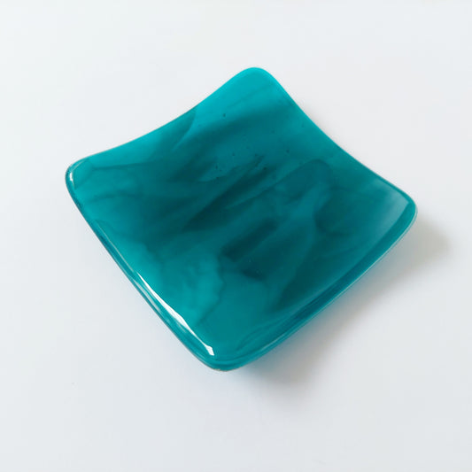 Teal Glass Art Ring Dish, Small Handmade Fused Glass Trinket Dish, Sea Green Glass Earring Bowl, Contemporary Teal Bedroom Décor