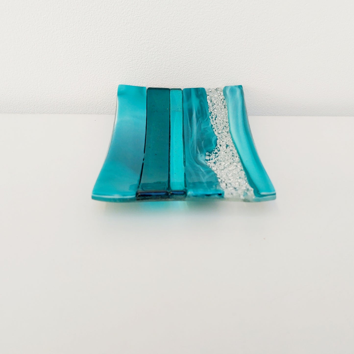 Aqua & Teal Glass Art Plate, Handmade Textured Soap Tray