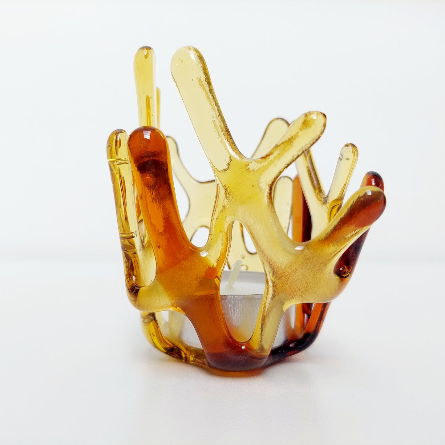 Amber Glass Tealight Holder, Small Glass Art Sculpture, Amber Décor