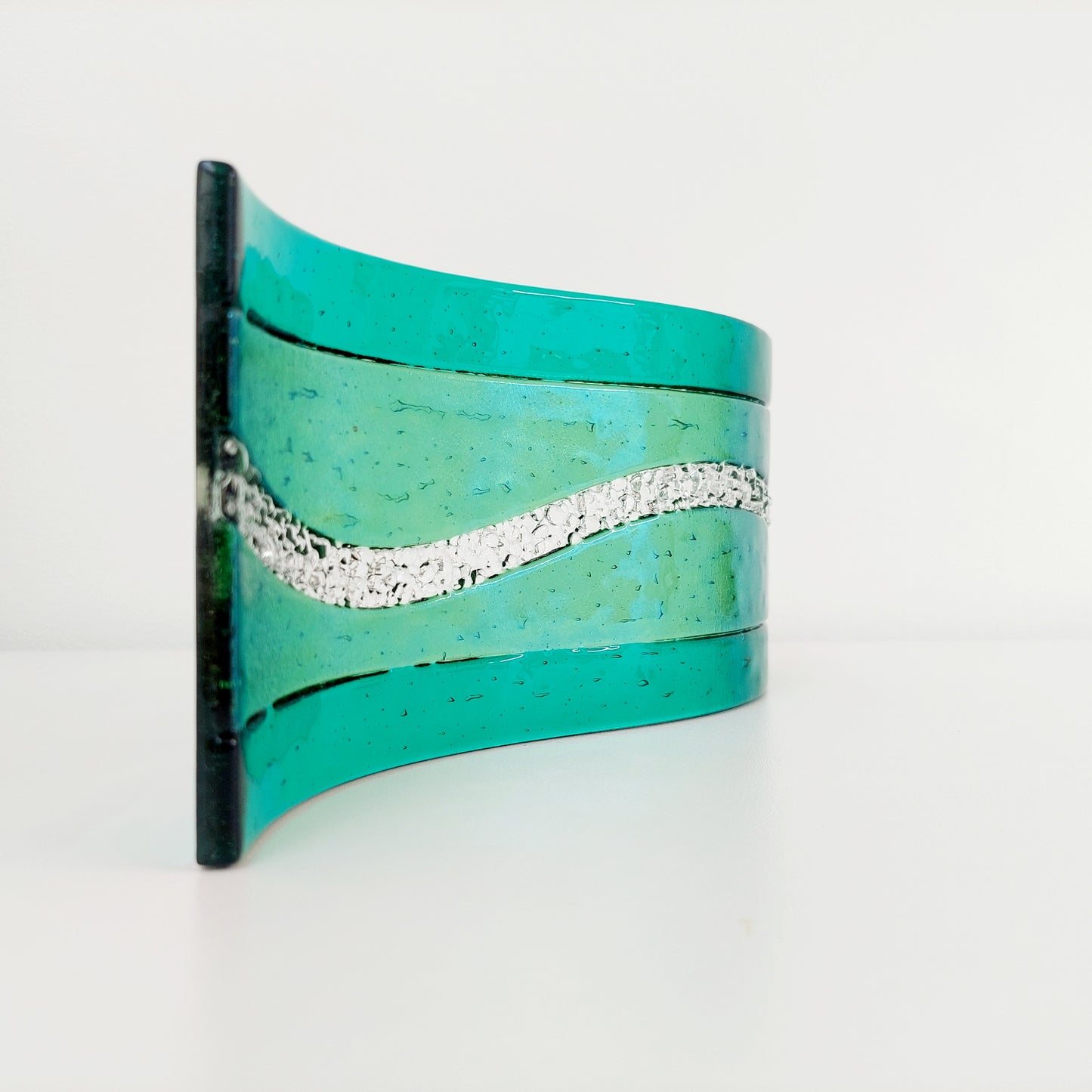 Emerald & Iridescent Light Green Glass Art Wave