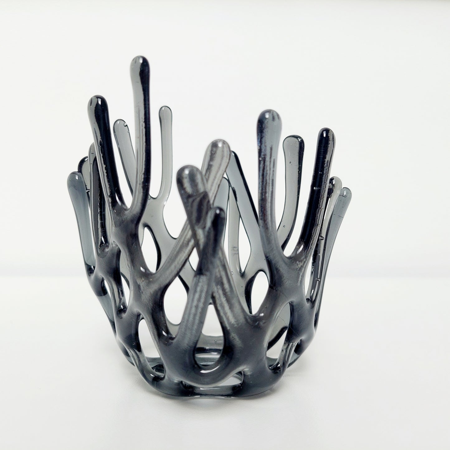 Handcrafted Silver Grey Glass Art Sculpture, Asymmetrical Coral Vase