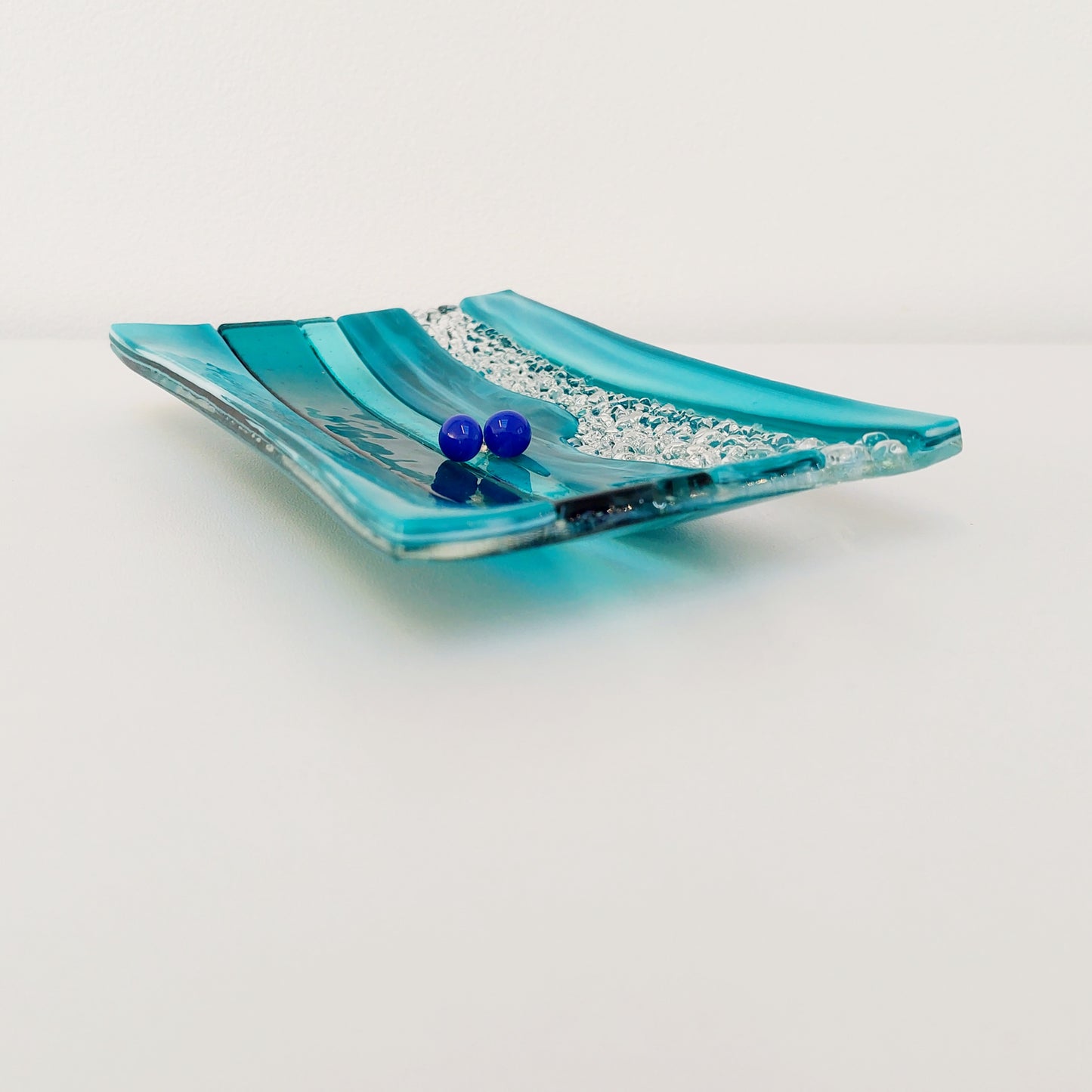 Aqua & Teal Glass Art Plate, Handmade Textured Soap Tray