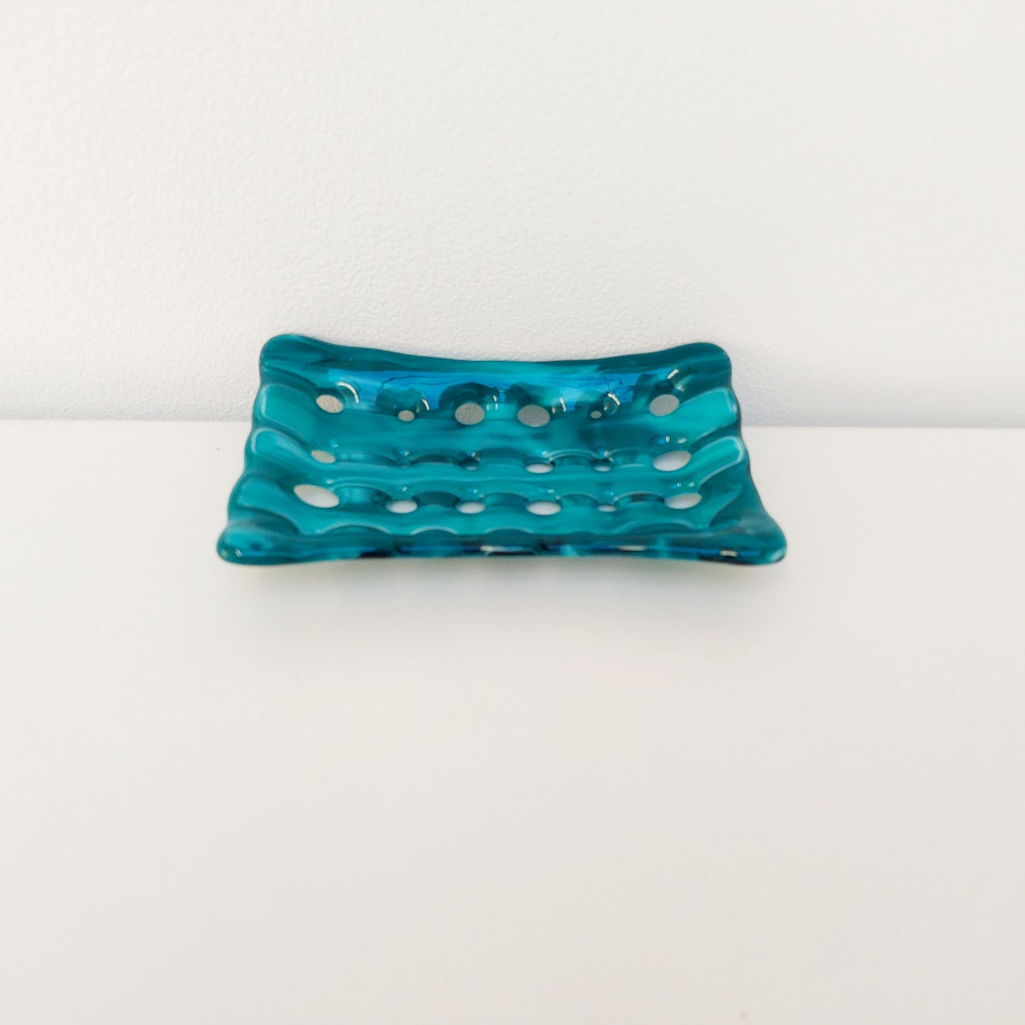 Rectangular Teal & Aqua Glass Soap Dish with Holes