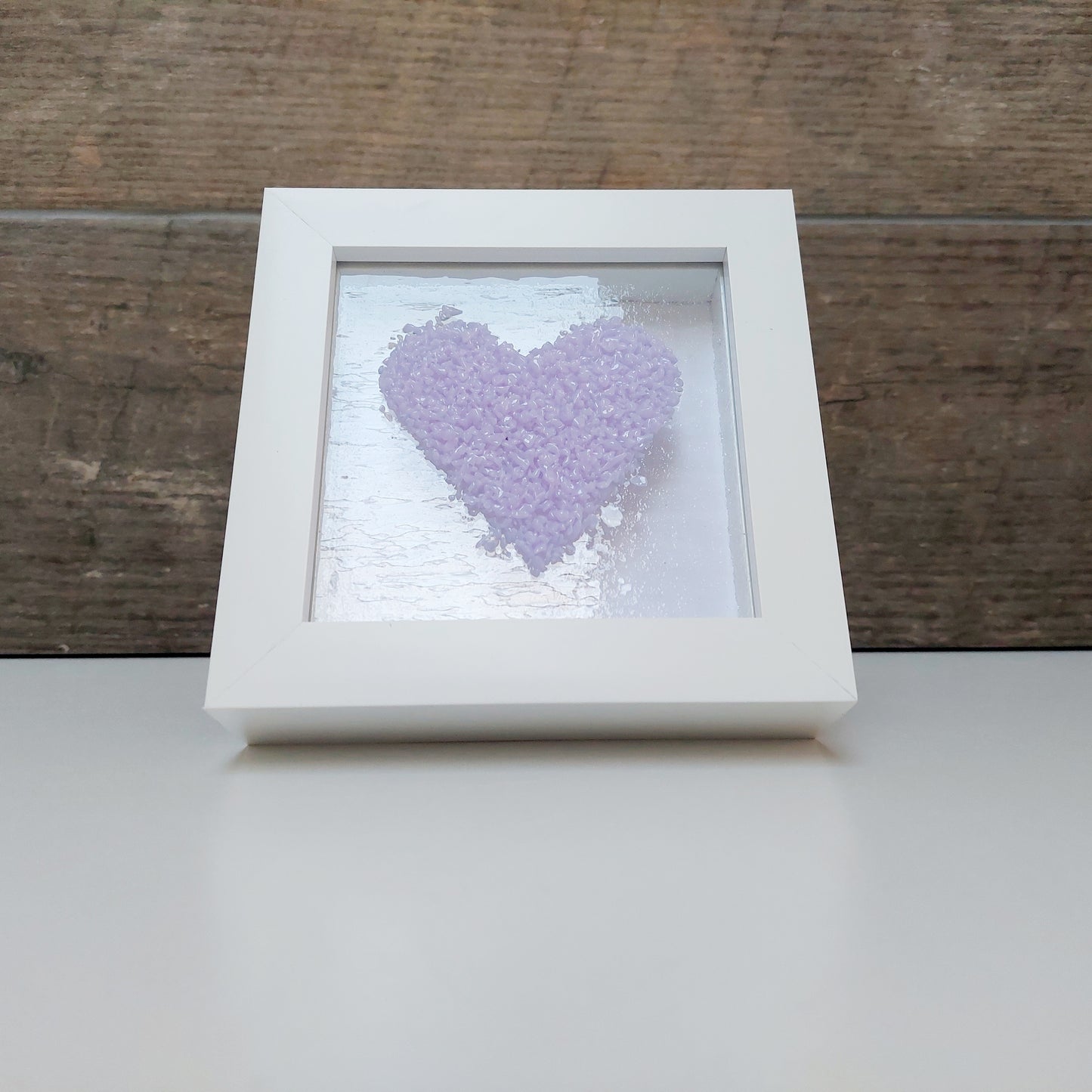 Framed Lilac Glass Heart, Freestanding Picture, Light Purple Wall Decor