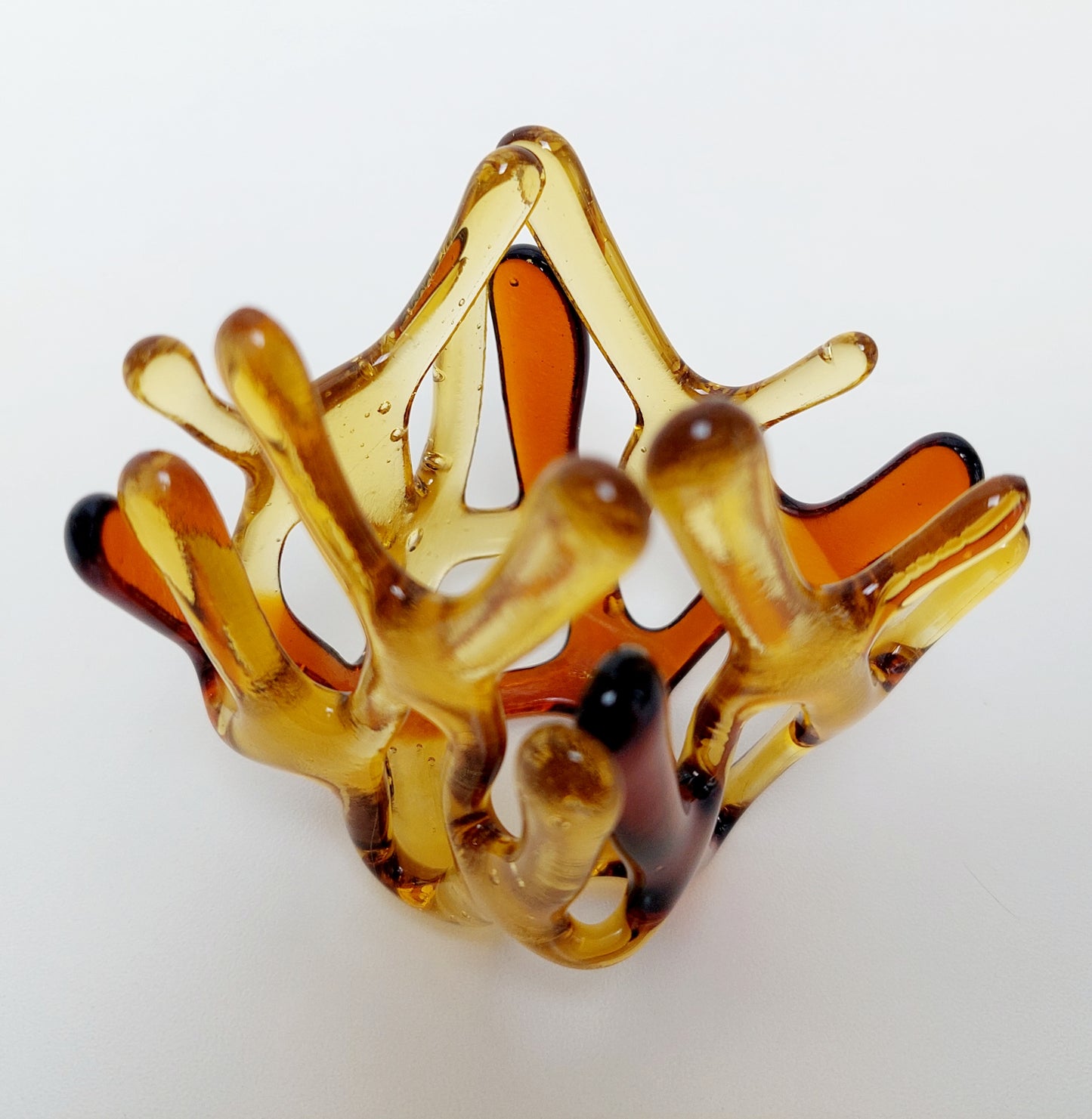 Amber Glass Tealight Holder, Small Glass Art Sculpture, Amber Décor