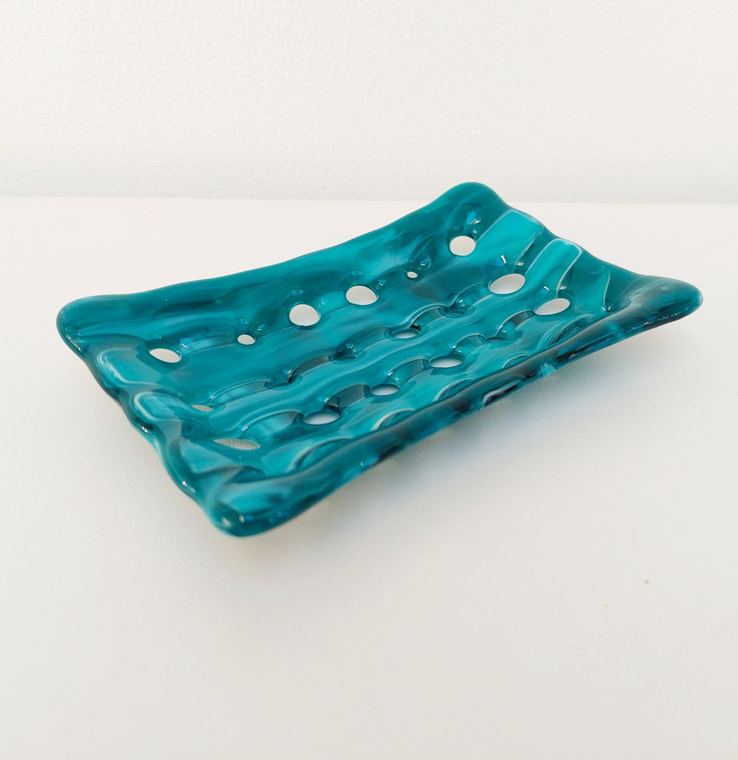 Rectangular Teal & Aqua Glass Soap Dish with Holes