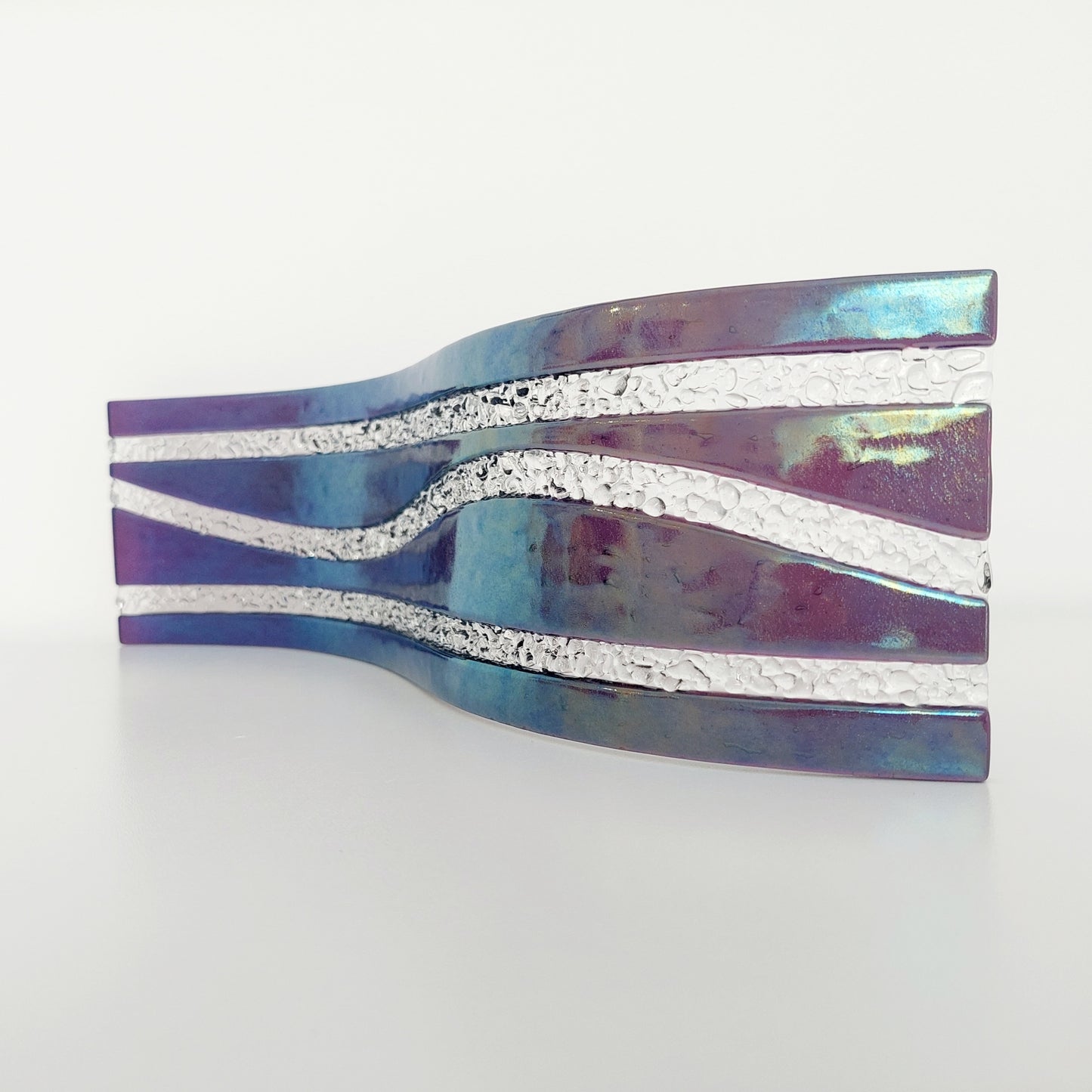 Iridescent Amethyst Glass Art Wave, Large Handcrafted Purple Fused Glass Mantlepiece Ornament, Opulent Table Centrepiece, Amethyst Décor