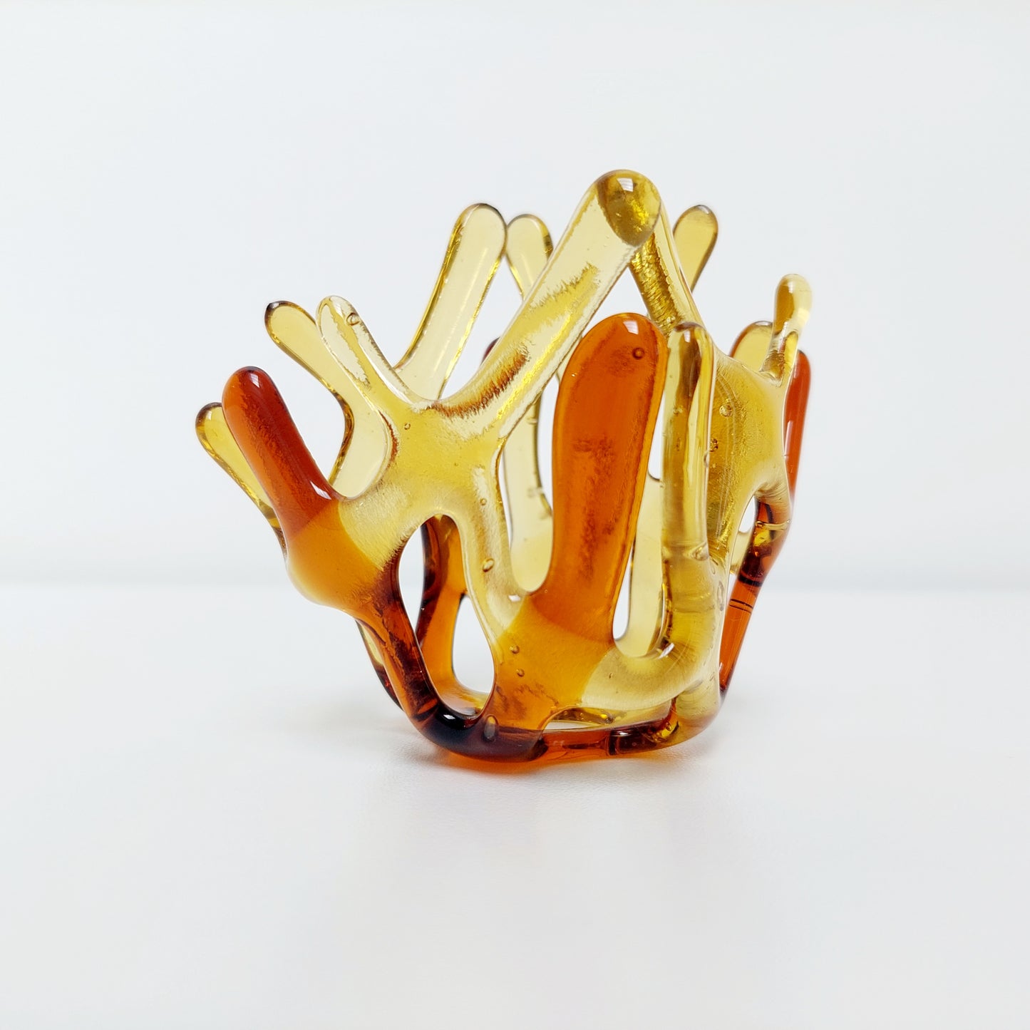 Amber Glass Tealight Holder, Small Glass Art Sculpture, Amber Décor