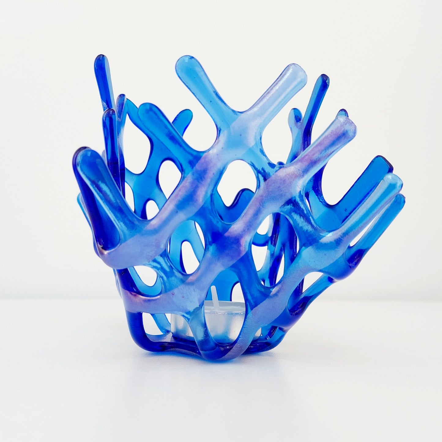 Handcrafted Iridescent Blue Glass Basket, Asymmetrical Coral Vase, Art Sculpture