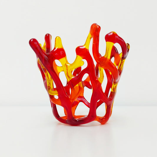Orange, Red & Yellow Coral Vase, Asymmetrical Glass Basket, Art Sculpture