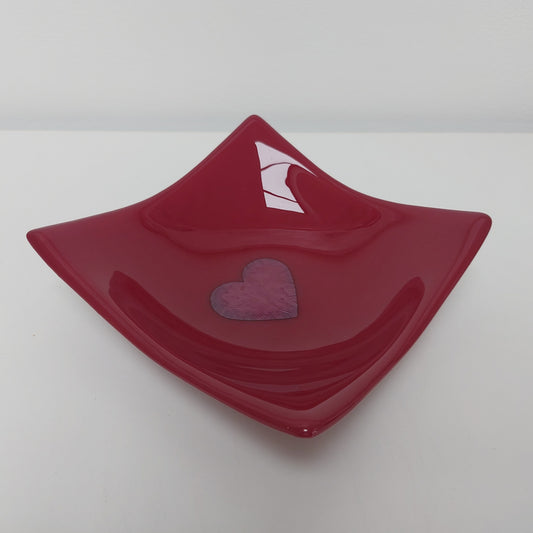 RESERVED for ANTONY - Dark Red Glass Trinket Bowl with a Heart Motif