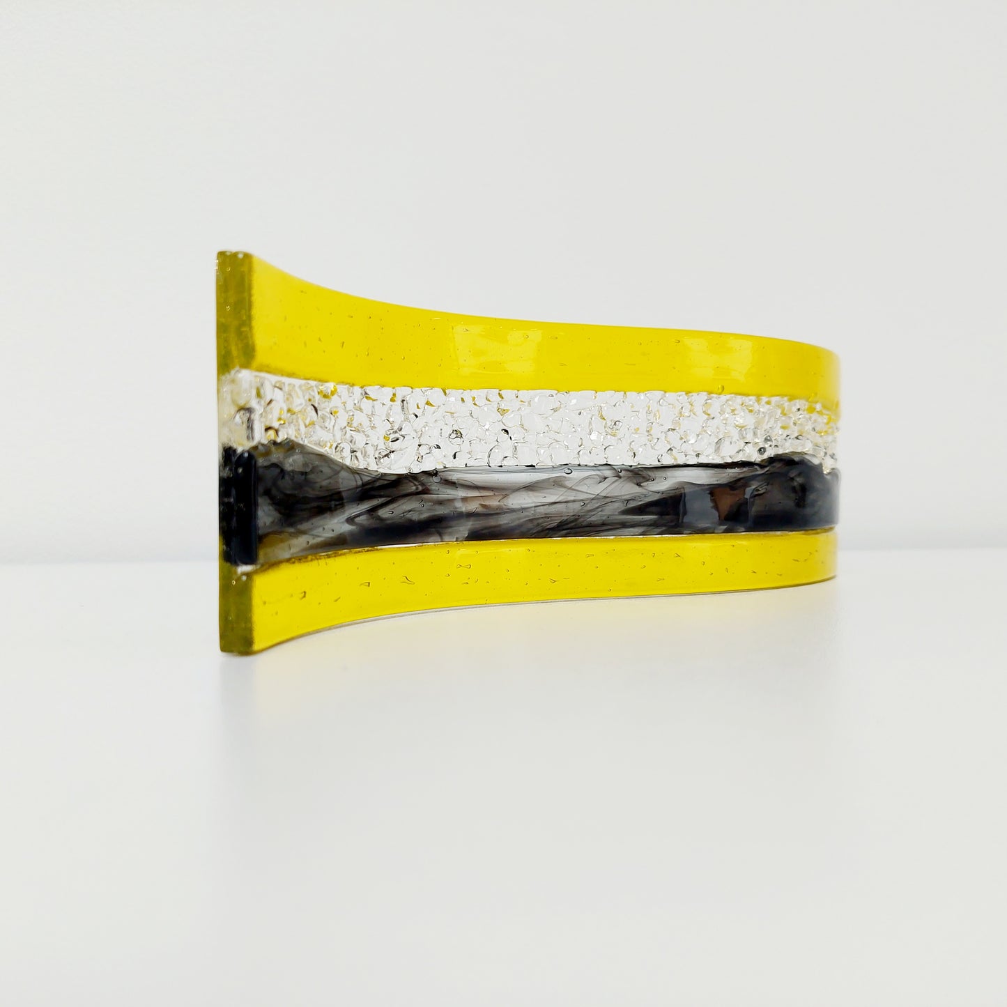 November Sunshine Glass Art Wave, Yellow and Black Sculpture