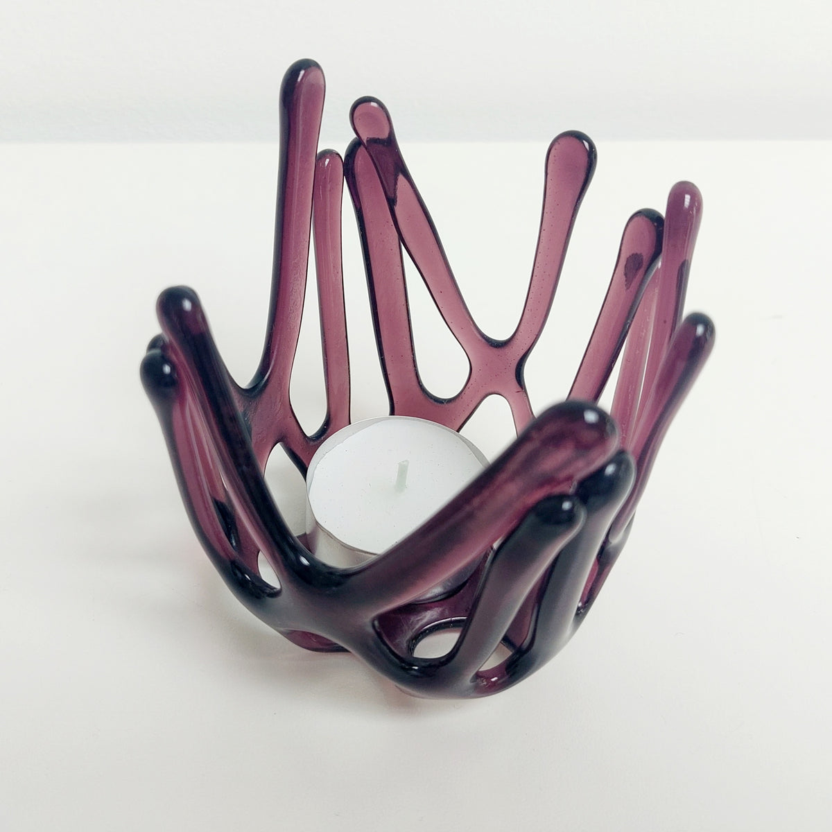 Handcrafted Plum Glass Candle Holder | Asymmetrical Art Sculpture