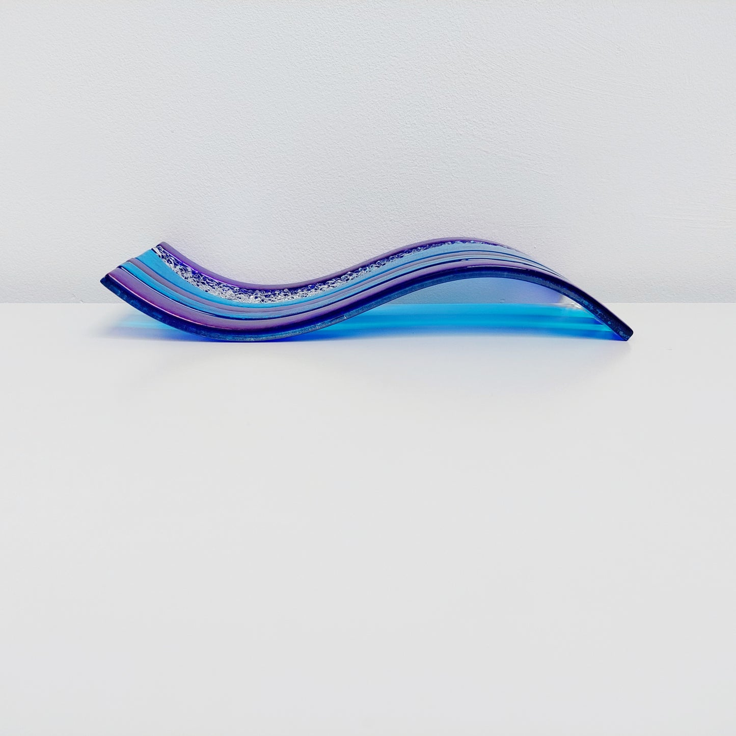 Handcrafted Blue Glass Art Ornament, Lake Windermere Inspired Freestanding Wave | S Curve