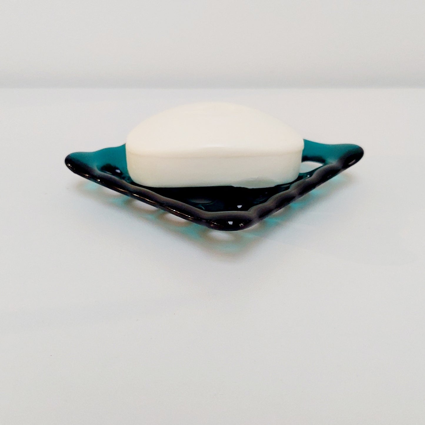 Teal Glass Soap Dish with Holes