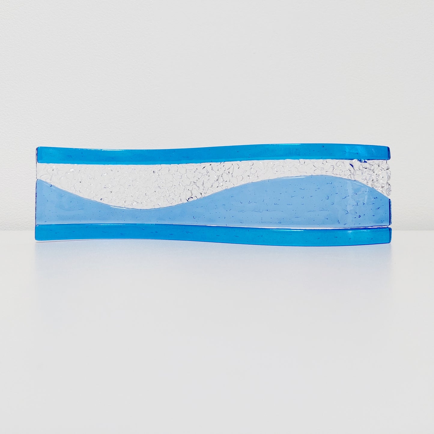 Sky Blue Glass Art Wave with Iridescent Royal Blue Accents