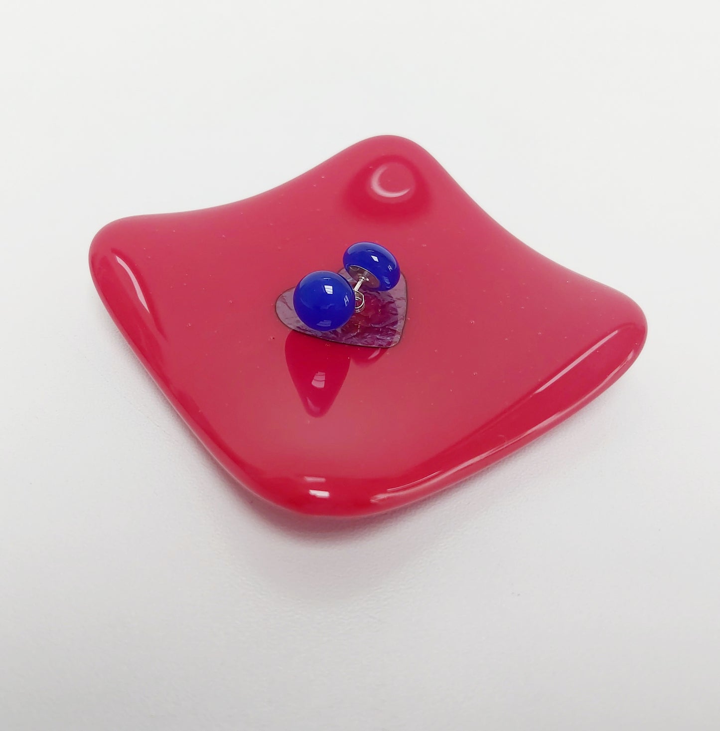 Cherry Red Glass Heart Ring Dish, Handmade Fused Glass Trinket Dish