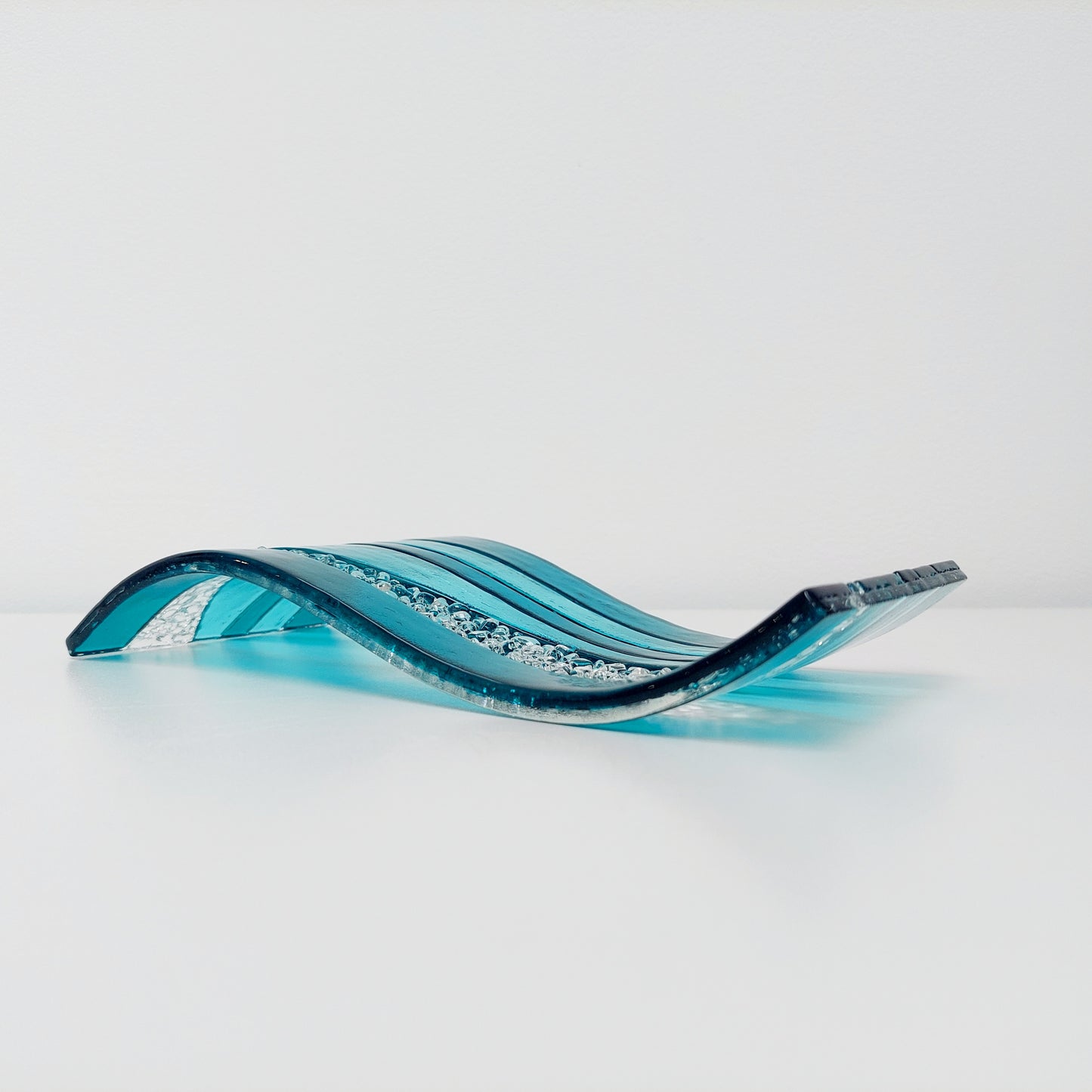 Aqua and Teal Glass Wave, Artisanal Fused Glass Ornament, Freestanding Textured Glass Art Panel, Teal Living Room Décor, Lake District Glass