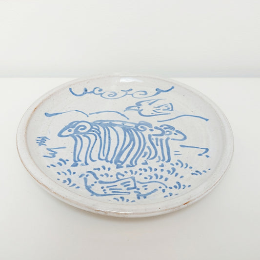 Decorative Blue & White Earthenware Plate with a Sheep Motif