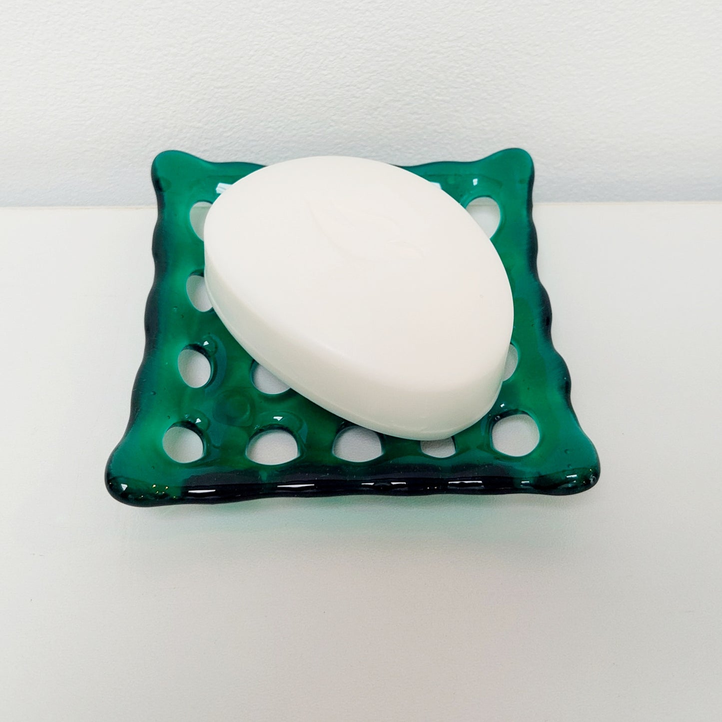 Emerald Green Glass Soap Dish with Holes
