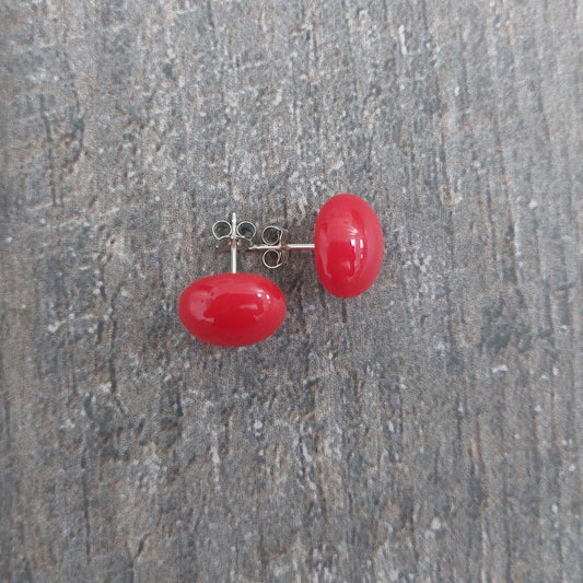 Red Fused Glass Stud Earrings with Sterling Silver Posts: 12 mm