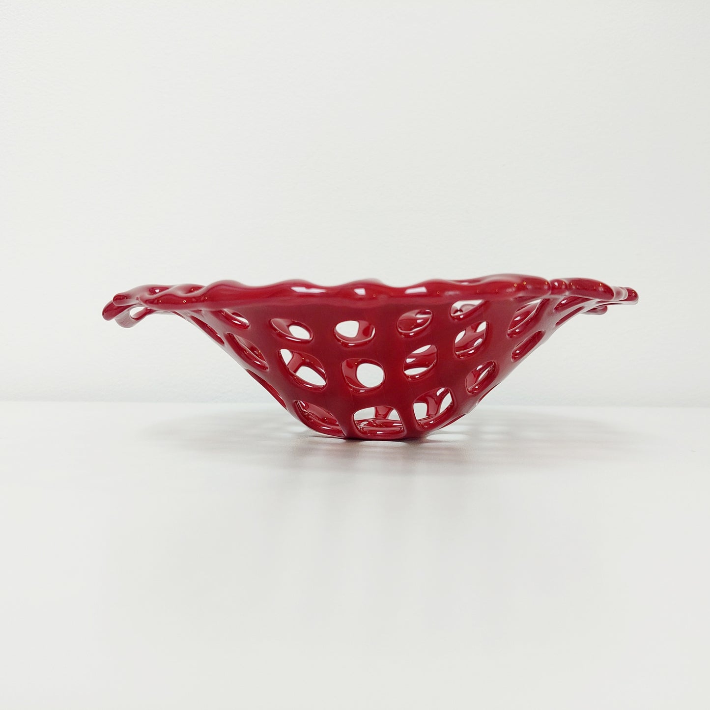 Dark Red Glass Coral Bowl, Organic Kiln Formed Sculptural Basket
