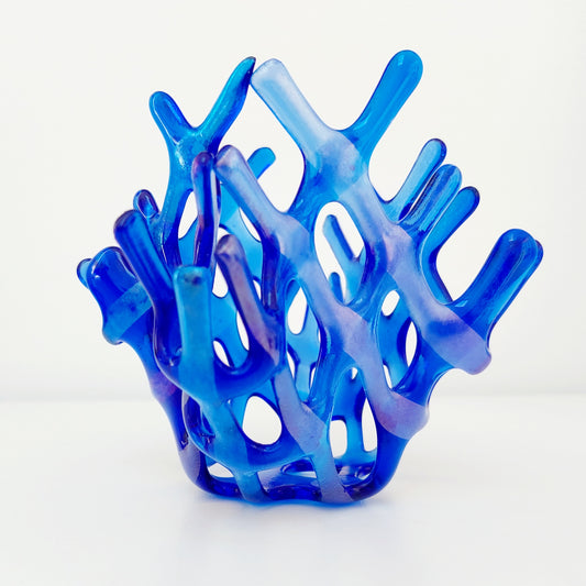Handcrafted Iridescent Blue Glass Basket, Asymmetrical Coral Vase, Art Sculpture