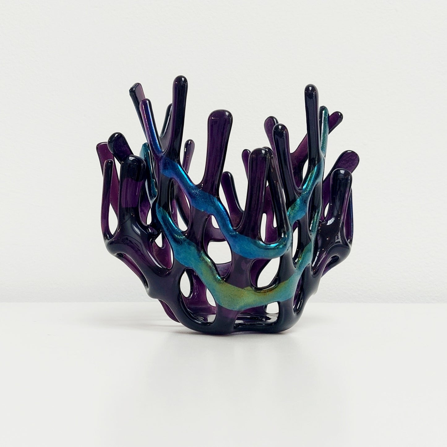 Handcrafted Iridescent Amethyst Glass Basket, Asymmetrical Coral Vase, Art Sculpture