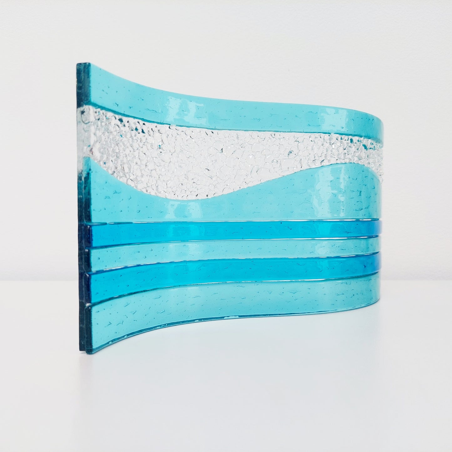 Large Aqua Glass Art Wave with Turquoise Accents, Handmade Textured Fused Glass Ornament, Aqua Décor, Beach House Décor, Lake District Gift