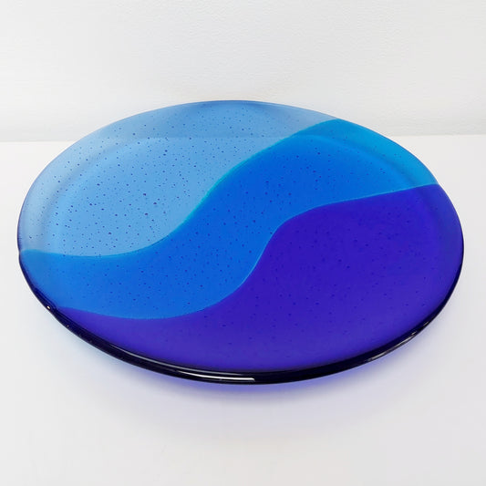 Windermere Waves Glass Art Bowl, Large Handmade Blue Fused Glass Bowl, Shallow Fruit Bowl, Kitchen Island Centrepiece, Blue Kitchen Décor