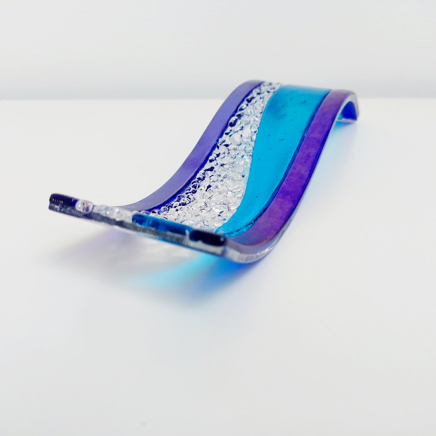 Turquoise and Iridescent Blue Glass Art Ornament |Freestanding Wave | S Curve