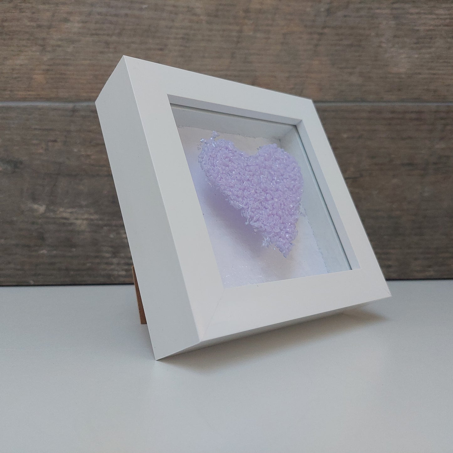 Framed Lilac Glass Heart, Freestanding Picture, Light Purple Wall Decor