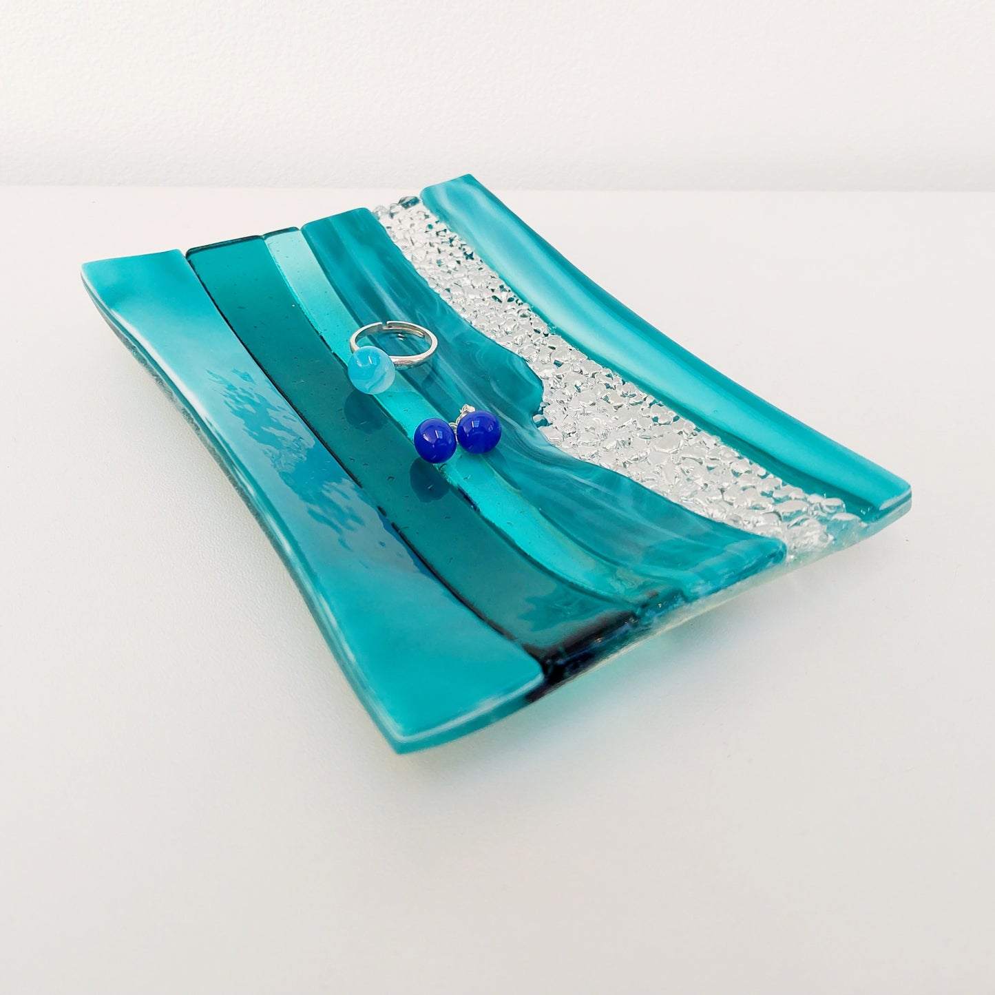 Aqua & Teal Glass Art Plate, Handmade Textured Soap Tray