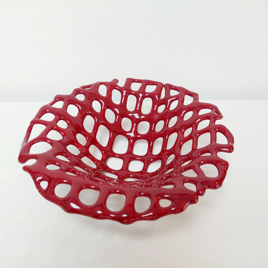 Dark Red Glass Coral Bowl, Organic Kiln Formed Sculptural Basket
